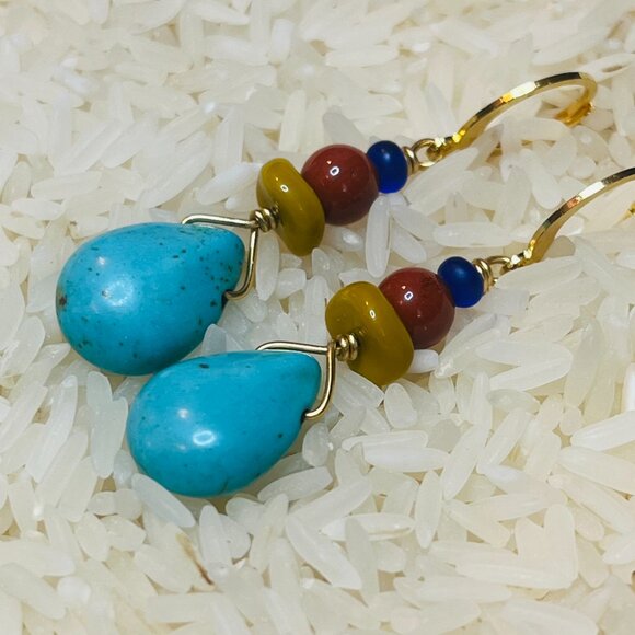 Bold Colorful Bohemian Drop Earrings Turquoise Howlite Teardrop - Picture 3 of 4